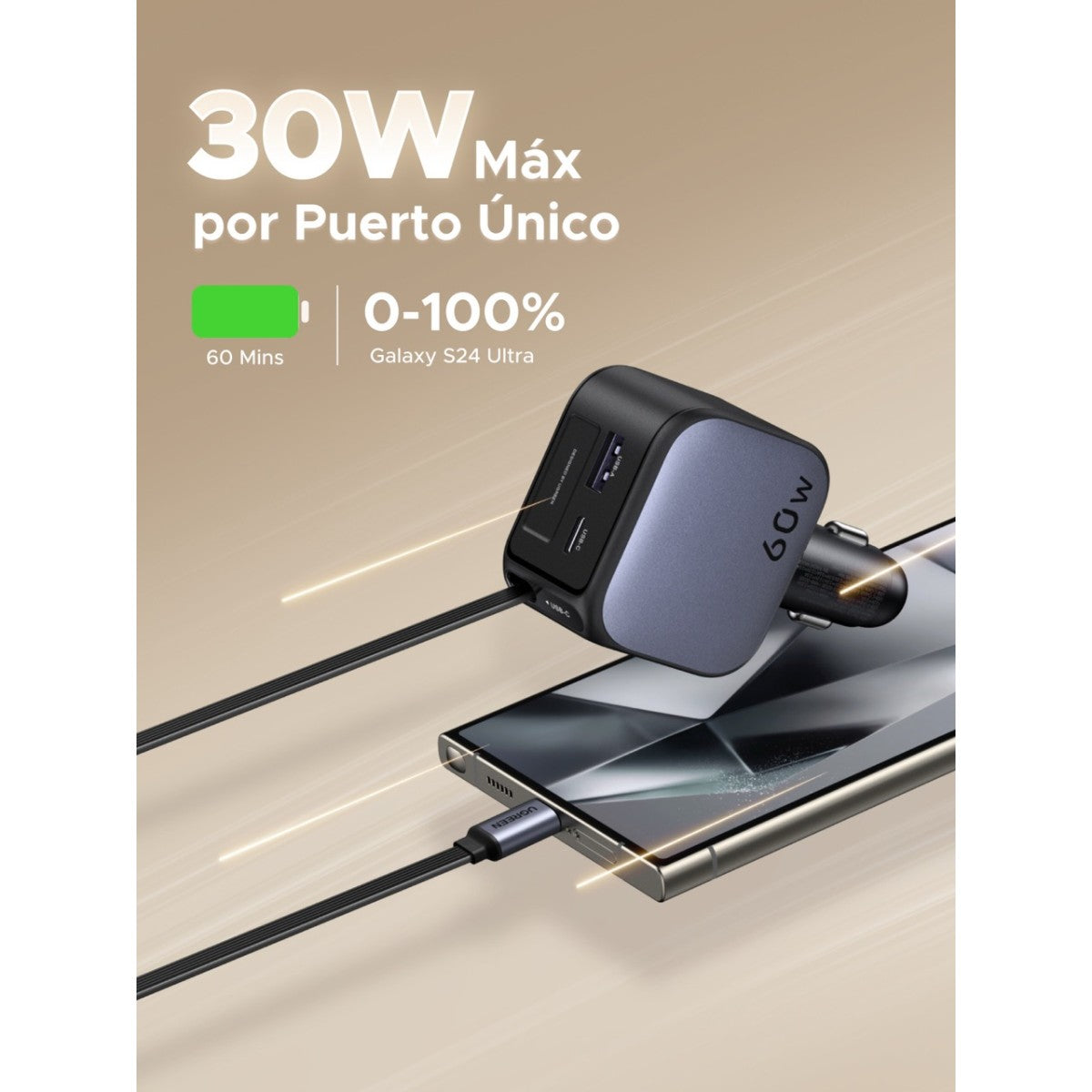 UGREEEN 60W Fast Car Charger With Retractable Cable