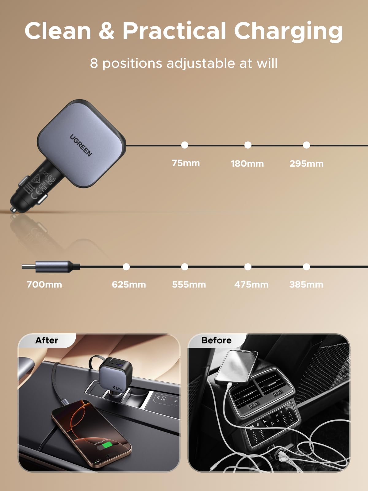 UGREEEN 90W Fast Car Charger With Retractable Cable